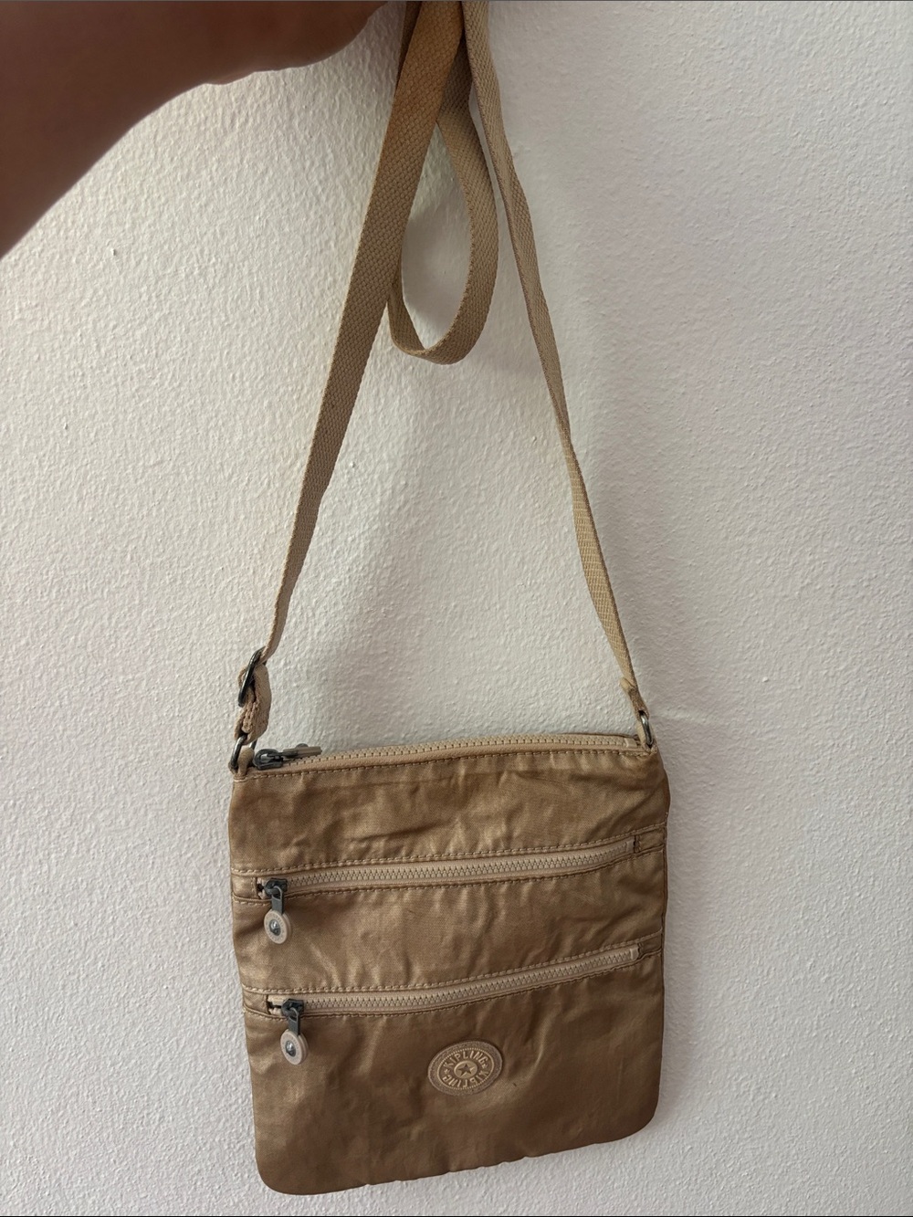Kipling Metallic Gold Crossbody Zip Bag with Adjustable Strap